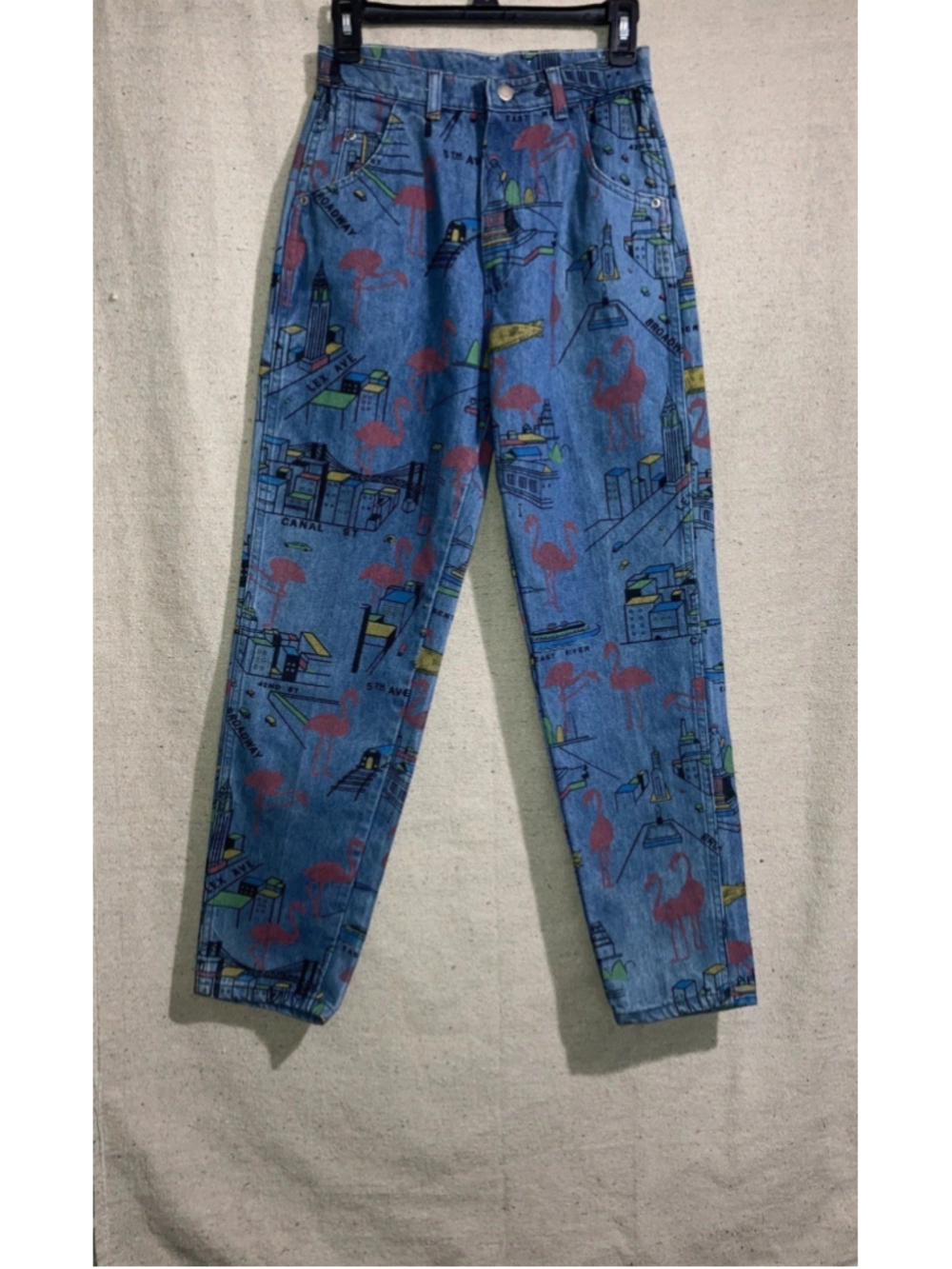 Vintage Wrangler Pink Flamingo Denim Blue Jeans New York All Over Print Womens 9 - Picture 14 of 16